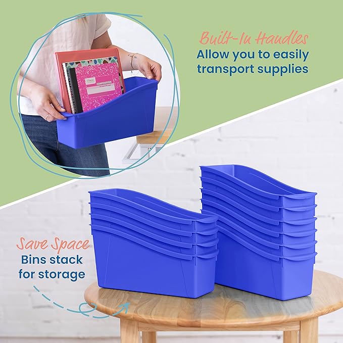 ECR4Kids Linking Plastic Storage Book Bin, Multipurpose Organization, Blue, 10-Piece
