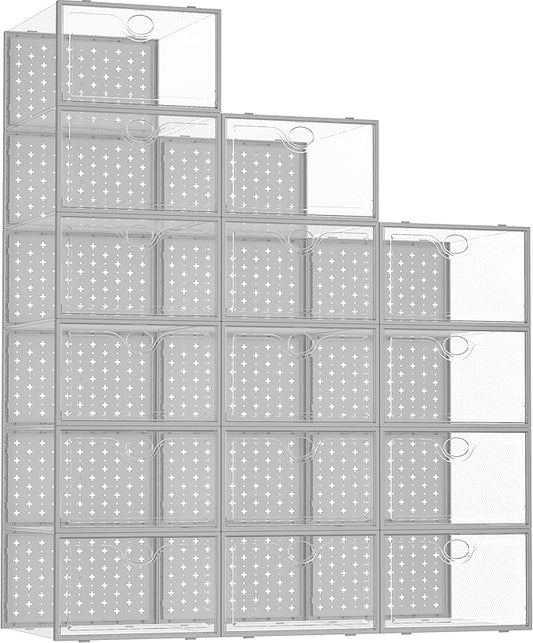Pinkpum 15 Pack X-Large Shoe Storage Boxes Fit Size 11, Shoe Organizer for Closet Clear Plastic Stackable Shoe Dispaly Case Bins Holder, Sneaker Storage for Sneakerheads Gray
