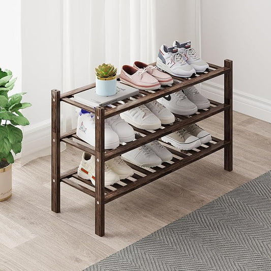 Bamboo Shoe Rack Organizer for Closet and Entryway - Space-Saving Narrow Shoe Stand - Versatile Shoe Holder for Door or Closet Shelf,Garage Bedroom can Freely Stack DIY Small Shoe Racks 3 Tier Brown