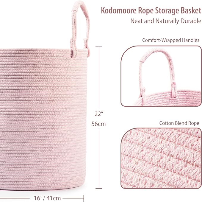 Laundry Basket – Laundry Hamper for Clothes, Blankets, Yoga Mat – Woven Cotton Rope Basket for Living Room, Nursery Room – Boho Style – 16”D x 22”H – Light Pink