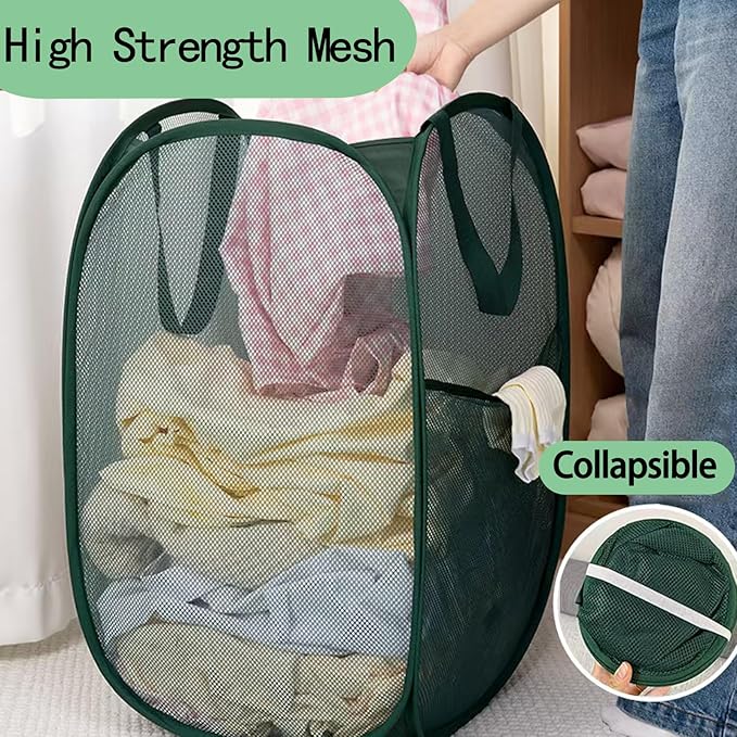 2Pack Collapsible Laundry Basket with Side Pocket, Mesh Pop Up Hamper Portable Carrying Handle, Cruise Room Storage Basket (Beige+Green)