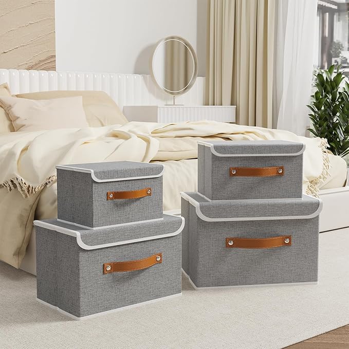 OUTBROS Storage Boxes, Collapsible Storage Bins with Lids, Cotton and linen cloth Storage Baskets with Handle, for Books, Closet, Grey, 3 Pack 10.2 x 7.9 x 6.7in