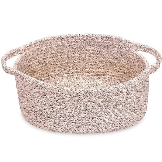 ABenkle Small Basket with Handles, Boho Decorative Rope Woven Dog Cat Toy Storage Bin Shelf Storage Organizer, Easter Christmas Gift Basket, 12"x8"x5"