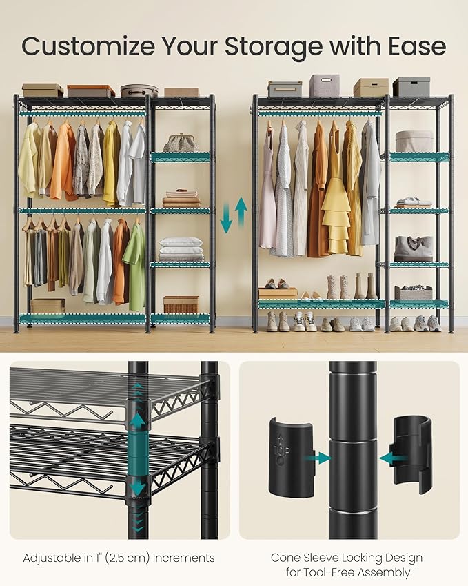 SONGMICS Clothing Rack, Heavy-Duty Garment Rack with Adjustable Storage Shelves and Hanging Rails, Hooks, Freestanding Portable Wardrobe Closet, Ink Black ULGR426BH01S