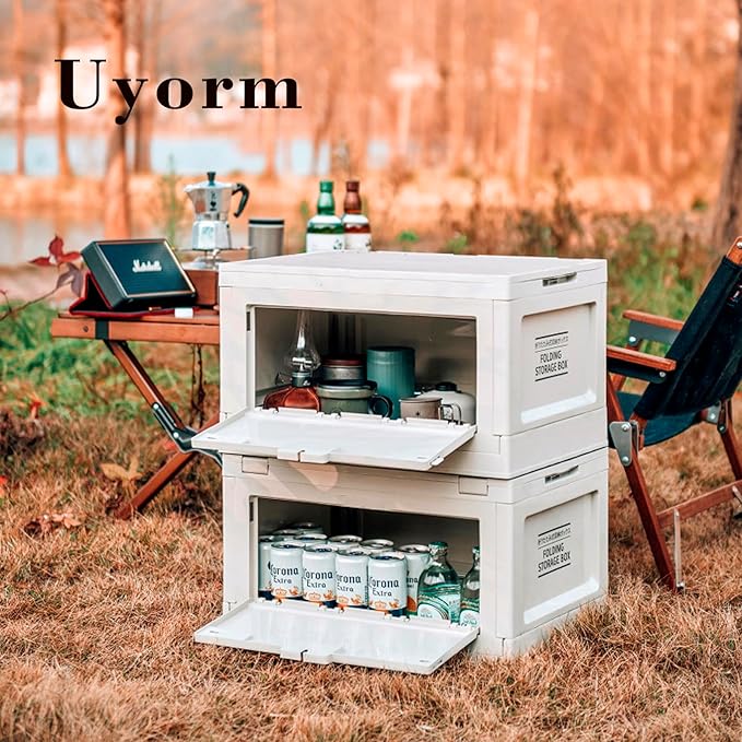 25 Quart Foldable Plastic Storage Bin with Imitation Wooden Lid Foldable and Stackable Storage Box Organizer for Outdoor Camping Home and Office