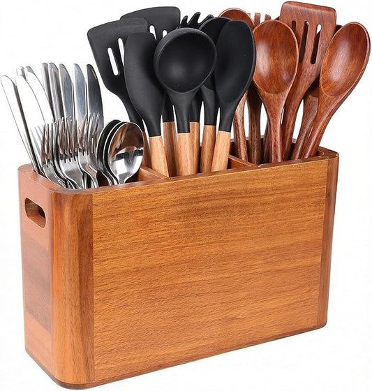 Kitchen Utensil Holder for Countertop, Extra Large Acacia Wood Utensil Organizer, 3-Compartment Storage for Cooking Utensils, Silverware and Cutlery