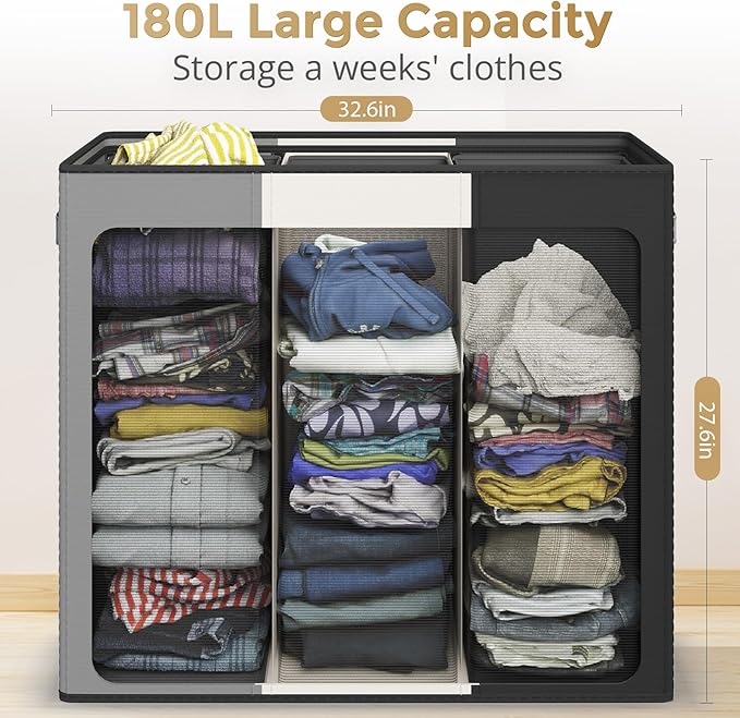 Optish 180L Laundry Hamper 3 Section, Large Laundry Basket with Lid, Laundry Basket Organizer with Handles, Divided Laundry Baskets, Clothes Hampers for Laundry, Bedroom, Bathroom
