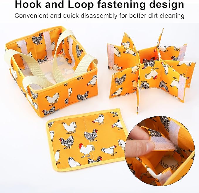 Removable Egg Collecting Basket, Egg Basket for Gathering Fresh Eggs with 9 Pouches, Foldable Canvas Egg Holder, Collector Egg for Chicken, Duck, Goose, Collection (Yellow-flowered Chicken)