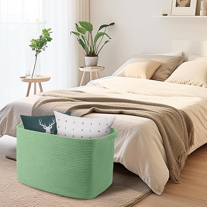 MEGASKET Large Green Baskets for Organizing, 23.6" x 17" x 12" Rectangle Blanket Holder Organizer, Kids Toy Storage Bins, Woven Rope Storage Basket, Green Home Decor Basket, Baby Nursery Storage