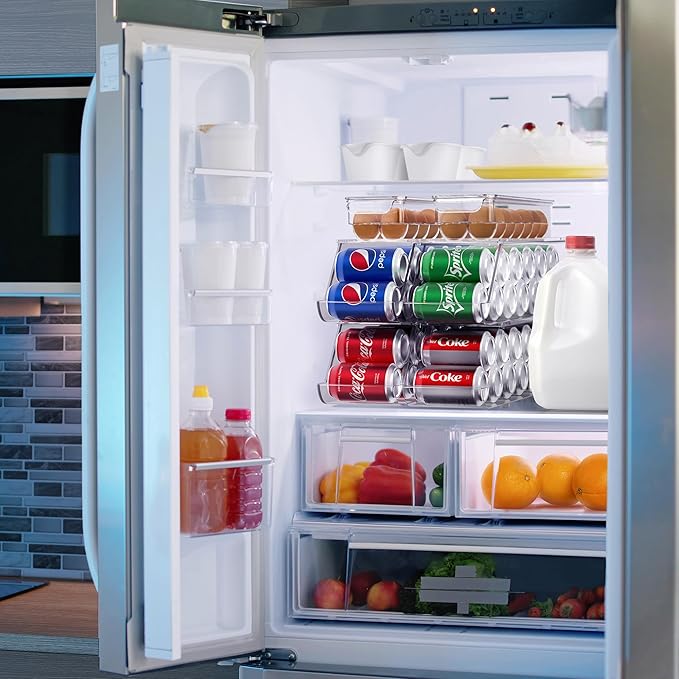Sorbus Soda Can Organizer for Refrigerator & Egg Holder for Fridge Set, 4 Stackable Can Holder Dispenser Holds 12 Cans Each & 2 Egg Holders with Lid holds 14 eggs for Fridge, Pantry, Freezer, BPA-Free