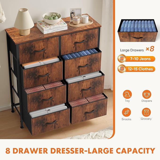 Sweetcrispy Dresser for Bedroom with 8 Storage Drawers, Large Fabric Storage Tower Organizer, Chest of Drawers with Metal Frame Wooden Top for Closet, Living Room, Entryway, Tank