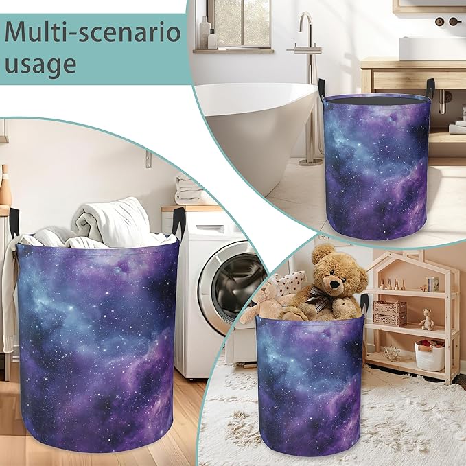 Purple Starry Sky Round Laundry Basket Collapsible Laundry Hamper with Handles Toys Clothes Organizer Bin For Home Bathroom Bedroom Dorm Nursery