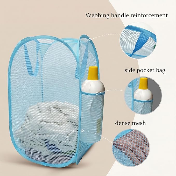 Pop up hamper, the upgraded laundry basket with breathable side pocket mesh. Ideal for room, apartment, dormitory, travel, business trip & kids storage (1,sky blue)