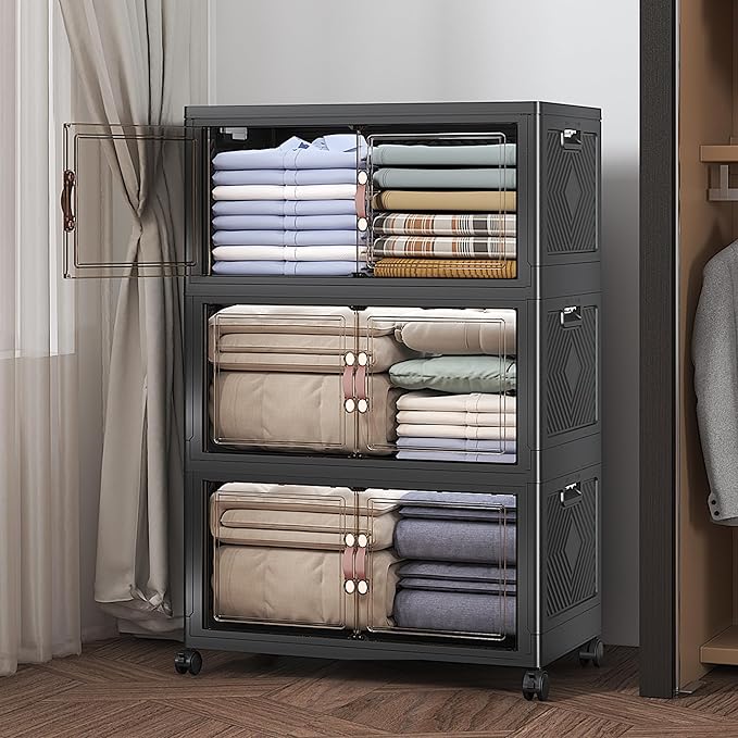 UAMFURI Extra Large Stackable Storage Bins with Lids & Wheels, 360QT-120QT/30GAL*3Pack Foldable Collapsible Closet Organizers Storage Cabinet with Doors for Bedroom Dorm