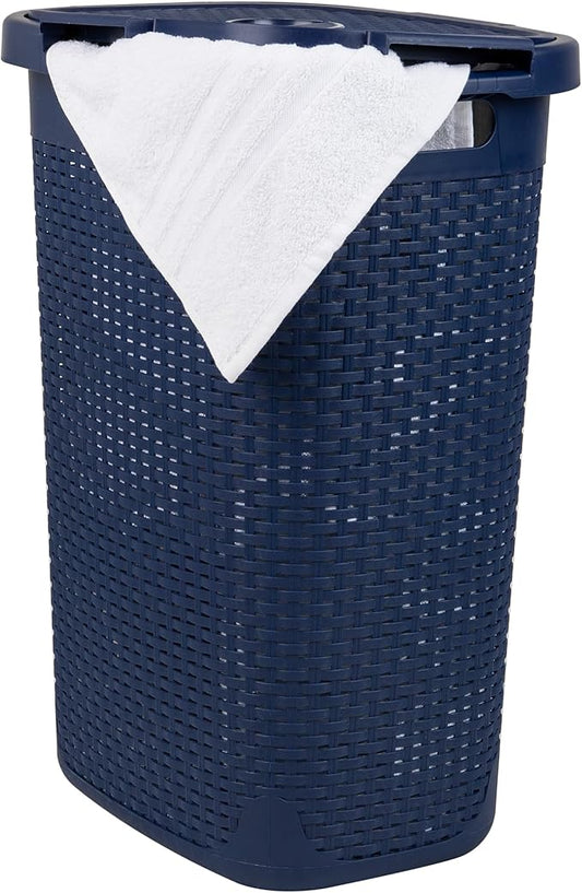 Mind Reader Slim Laundry Hamper with Lid, 60L Tall Clothes Basket, Narrow Tapered Design for Bathrooms, Closets and Laundry Rooms, Plastic, Navy