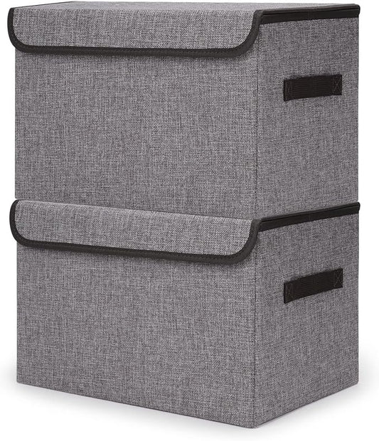 Bagnizer Large 42 Quarts Fabric Storage Bins with Lids [2-Pack] Linen Collapsible Foldable Storage Cubes, Closet Organizer Containers boxes with Handles for Home Office (16.7 x 12 x 12, Gray)
