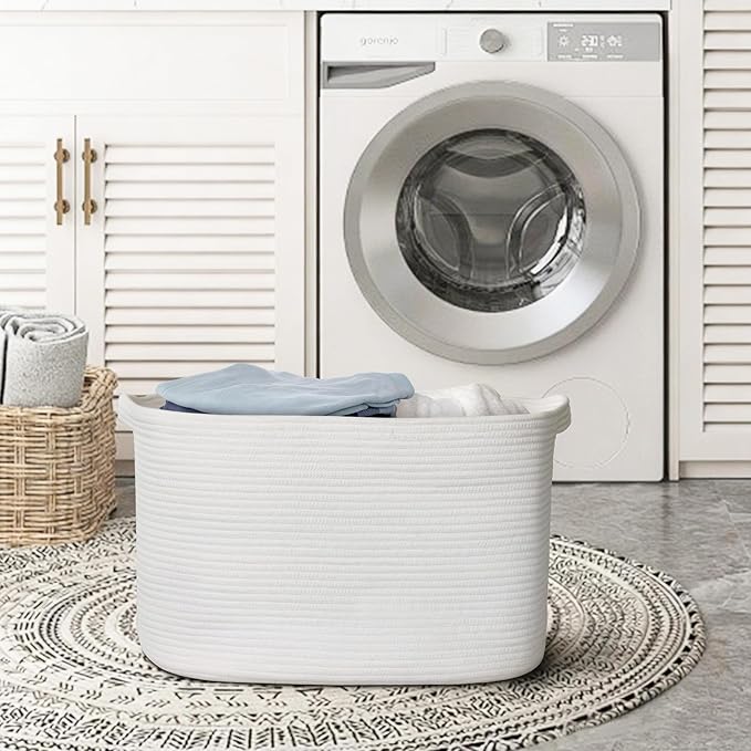 MEGASKET Extra Large White Storage Basket, 23.6" x 17" x 12" Rectangle Blanket Storage for Living Room, White Woven Cotton Rope Basket, Big Kids Toy Box Bin, XXXL Wicker Laundry Baskets for Organizing