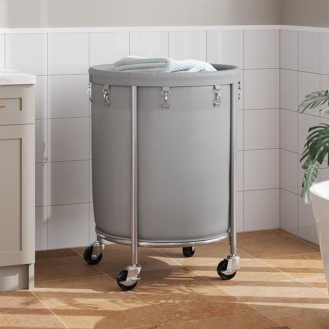 ELYKEN 190L Laundry Basket with Wheels, Large Rolling Laundry Hamper with Removable Liner Bag, Round Rolling Laundry Cart, Dirty Clothes Hamper for Hotel, Home, Closet, Dorm, Gray