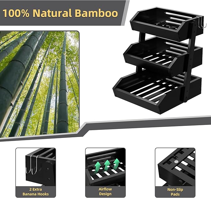 Bamboo 3 Tier Fruit Basket For Counter, Large Capacity Fruit Storage Countertop, Fruit Holder, Wooden Pantry Organizers and Storage, Kitchen Countertop Organizer With 2 Banana Hangers (Black)