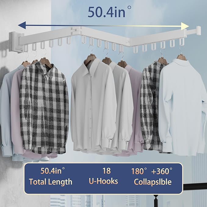 Wall Mounted Clothes Hanger Rack Folding Wall Mounted Clothes Hanger for Laundry (3U White)