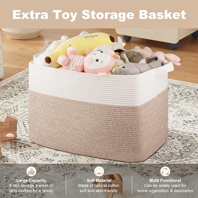 OIASKET XXXL Supre Large Blanket Basket for Clothes, Towels, Pillows, 108L Cotton Rope Storage Basket for Living Room, Woven Toy Storage for Kids, 25" x 16" x 16", Brown and White