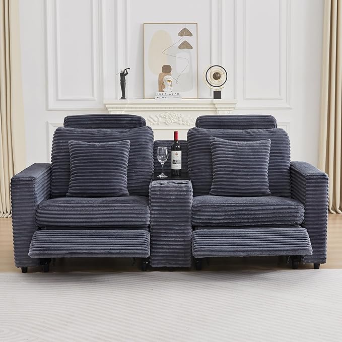 LEVNARY 2-Seater Modular Reclining Sofa with Center Console, Faux Rabbit Fur Power Recliner Loveseat with Cup Holders, USB Charging, Side Pockets & 2 Pillows, Living Room Furniture (Gray)