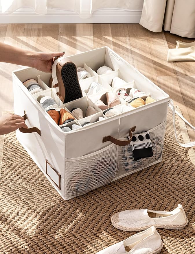 StorageWorks Shoe Organizer for Closet, Shoe Storage Bins with Clear Lid, Fabric Shoe Boxes with Side Mesh Pockets, Closet Shoe Organizer Bin for Slippers and Flats, Holds Up to 16 Pairs, Beige