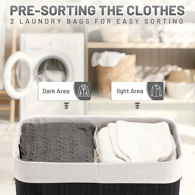 Aliphon 100L Laundry Hamper with lid, 2-Section Clothes Laundry Basket with Handles, Large Collapsible Bamboo Baskets for Bedroom, Bathroom, Dorm, Ink Black