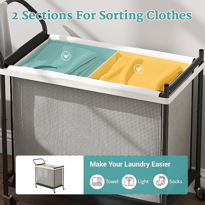 Laundry Hamper with Wheels - 2 Section Laundry Basket 140L, Removable Washable Bags, Height-Fitted Rolling Laundry Cart for Laundry Room & Bedroom