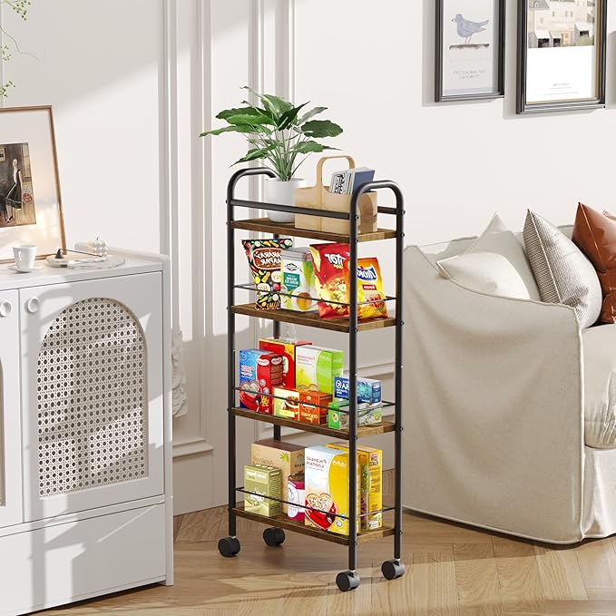 Asgolion Slim Storage Cart, 4-Tier Small Rolling Cart with Wheels, 5.9" Deep, Narrow Bathroom Shelf Trolley for Kitchen, Bathroom, Laundry Room, Rustic Brown Standard 4-Tier (5.9" W x 33.6" H)