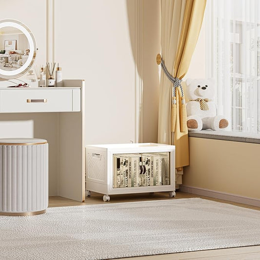 48 QT / 12 Gal Rolling Foldable Storage Cabinet with Stackable Feature - Double Magnetic Doors, Leather Handles, Durable Plastic for Closet/Office, Easy Assembly & Move