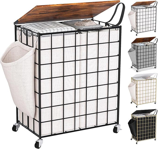 Laundry Basket with Wheels, Heavy Duty Laundry Sorter 2 Sections, 120L (32Gal.) Large Capacity Laundry Hamper with Wood Lid, 360 Rolling Wheels, Extra Side Pocket, Leather Pull Handle, Beige