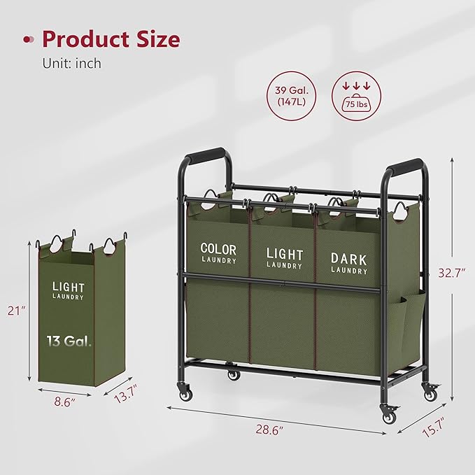 Tajsoon 3 Bag Laundry Sorter Cart, Laundry Hamper Sorter Basket with Heavy Duty Lockable Rolling Wheels for Clothes Storage, Green