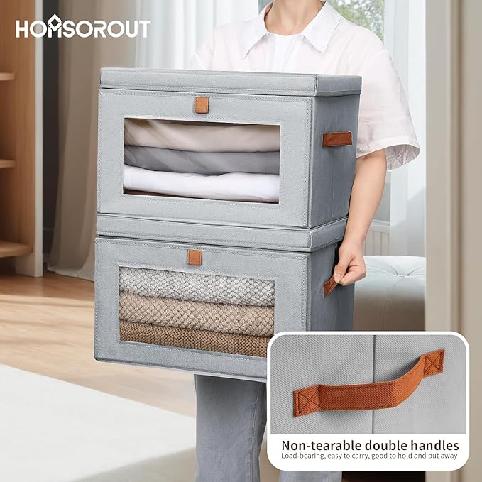 Homsorout Large Storage Bins with Lids - Fabric Collapsible Closet Storage Organizer with Window & Handles, Stackable Decorative Storage Boxes for Clothes, Blankets, Sweaters, 6 Pack, Grey