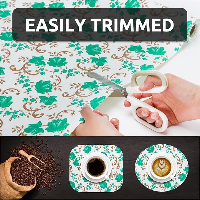 12X120 Inch Shelf Liner for Kitchen Cabinets, PVC Drawer Liner for Dresser Non-Slip Bathroom, Non-Adhesive Cabinet Liner Washable (Green Floral)(2 Roll)