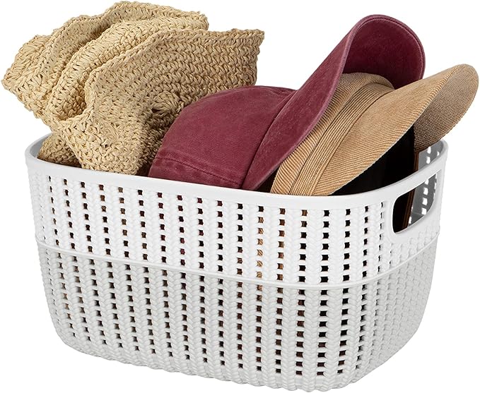 Simplify 4 Pack 2 Tone Sailor Knot Plastic Storage Tote | Decorative Basket | Closet Organization | De-clutter | Accessories | Toys | Bathroom Organization | Medium | Heather Grey