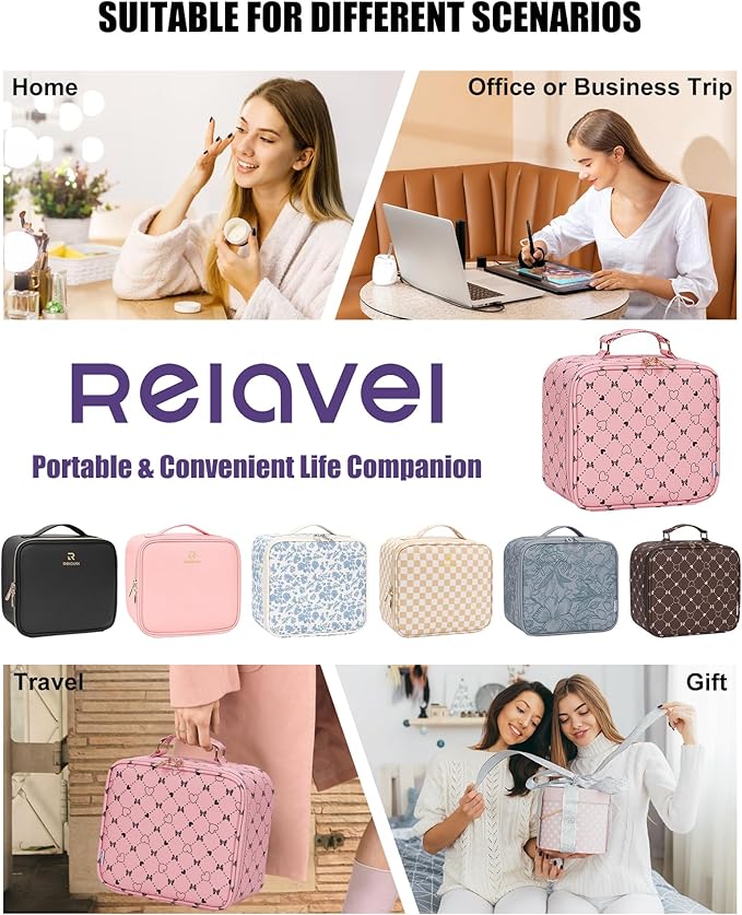 Relavel Travel Makeup Bag With LED Mirror, Compact Cosmetic Organizer Storage with Brush Compartment, 3 Colors in Adjustable Brightness, Adjustable Dividers, Make Up Train Case - Pink Bowknot