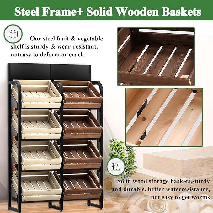 3/4 Tier Fruits & Vegetables Kitchen Shelf Rack Display,Retail Snack Stand, Large Solid Wood Floor Multi-layer Storage Frame for Commercial Supermarket(E-4 Tier)