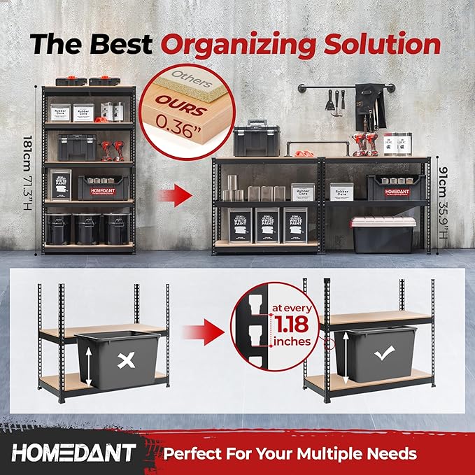 HOMEDANT Deep Width 5 Tier Heavy Duty Garage Shelving Adjustable Metal Rack Storage Shelves Standing Shelf Unit Organizers Pantry Closet Black 1Pack (39.8" W x 18.2" D)