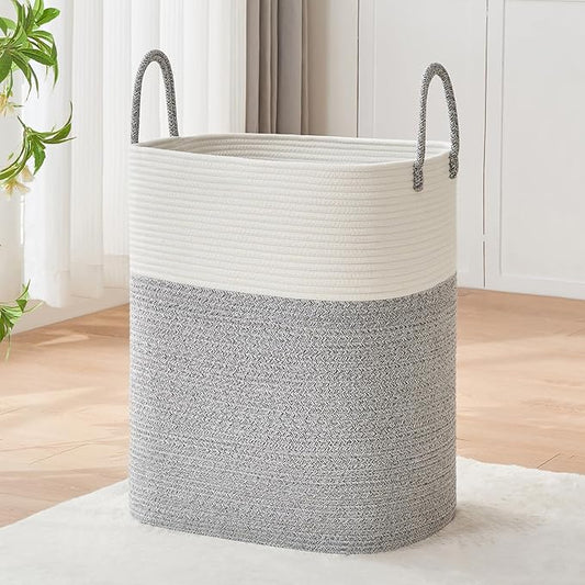 AINUOQI Laundry Basket with Handles - Blanket Basket & Hampers for Bedroom Aesthetic, Laundry Hamper & Blanket Storage for Living Room, Clothes Hamper, Tall, Large 17" x 14" x 24”, White & Grey