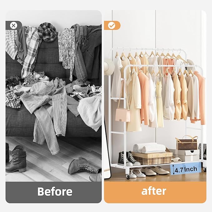 Sooyee Double Rod Clothing Rack with Wheels,3 Tier Garment Racks for Hanging Clothes,Portable Clothes Rack with 4 Hooks for Bedroom,Laundry Room,White