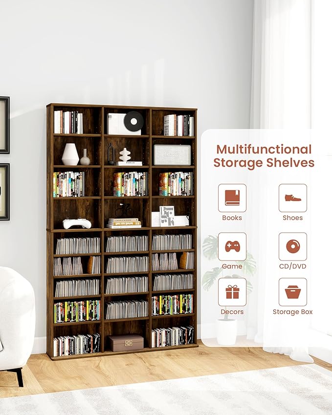 DVD Storage Tower with Adjustable Shelves, 9-Tier DVD Rack Tower for CDs, DVDs, Blu-Rays, Video Games, Rustic Brown Multimedia Storage Cabinet, Media Shelf Organizer for Living Room