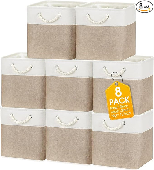 meekoo 8 Pack Collapsible Storage Bins Fabric Storage Bins Polyester Fabric Baskets with Handles Linen Closet Organizer for Shelf Home Closet Towels Toys(12 x 12 x 12 in,Beige)