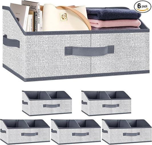 Closet Storage Bins 6 Pack, Large Closet Organizer Baskets with Divider & Handles,Trapezoid Fabric Shelf Organizers, Collapsible Storage Cubes for Clothes, Towels, Toys-Gray
