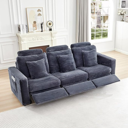 LEVNARY 3-Seater Modular Reclining Sofa, Faux Rabbit Fur Power Recliner Couch with 3 Electric Seats, 3 Pillows & Side Pockets, Adjustable Back & Footrest, Living Room Furniture (Gray)