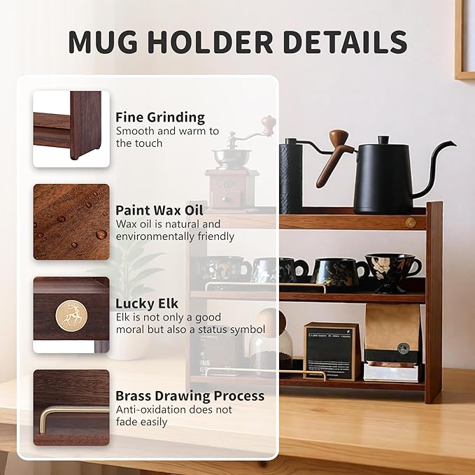Wooden Cup Holder 3 Tier Walnut Wooden Shelf Organizer Coffee Station Organizer for Kitchen Home