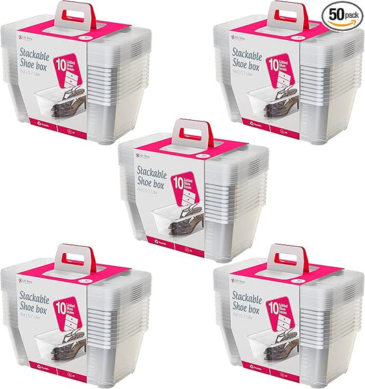 Life Story 6 Liter Shoe, Accessory, and Closet Plastic Storage Box Multi-Purpose Lidded Stacking Tote Containers, Clear (50 Pack)