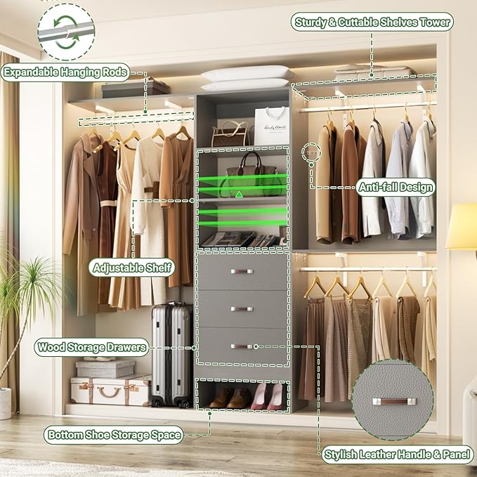 Besiost Closet System with Drawer - 8FT Wood Closet Organizer System with 3 Hanging Rods and Shelving Tower, 96" Walk In Closet Organizer Wardrobe, Heavy Duty Garment Rack Clothes Rack, Grey