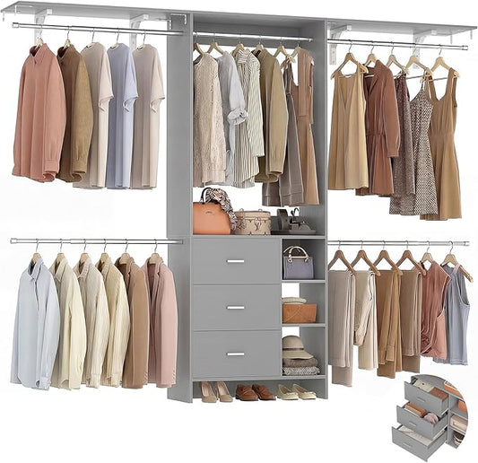 Aheaplus Closet System, Closet Organizer with 3 Wooden Drawers, 8FT Closet Organizer System, 96’’ Walk-in Closet Wardrobe Clothes Rack with Hanging Rods, Garment Rack, Fits 5.3-9 ft, -G6, Grey