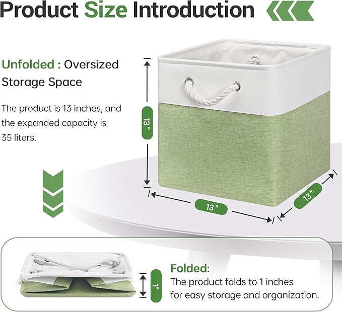 ECDYQXVU 13x13 Inch Cube Storage Bins with Reinforced Bottom Cardboard, 6 Pack Large Foldable Fabric Storage Cubes with Handles for Shelf, Closet, Laundry Organization (White&Green)